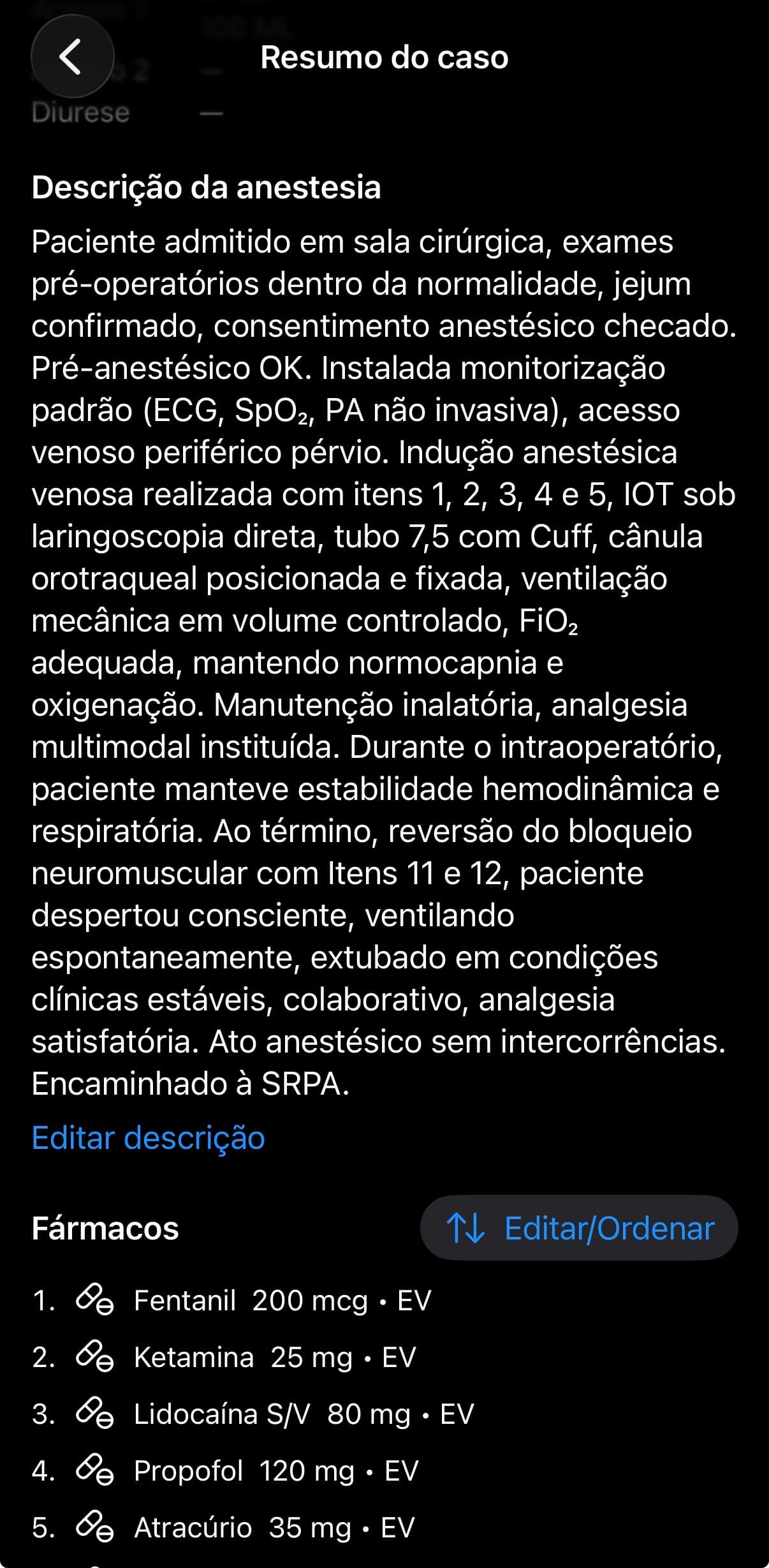 Descrição da anestesia no Anest+